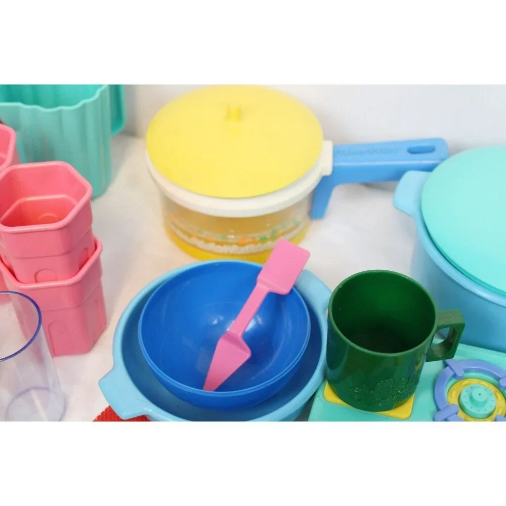 Vtg 1990s Play Dishes Fun with Food Pots Forks Blender Pans Measuring Cups Bowls